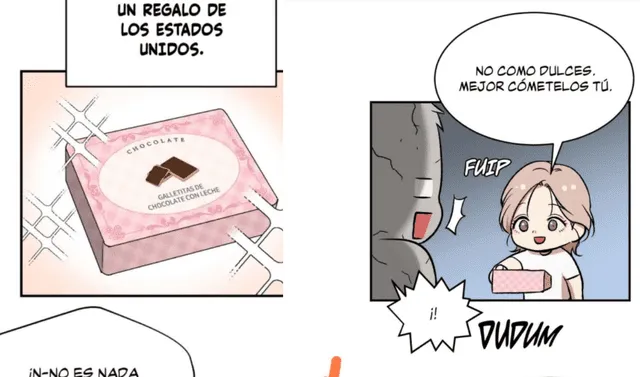 'Papita' le regala una caja con galletas de chocolate a Heeseung. Foto: Lezhin/Mingwa   