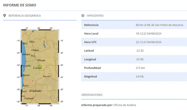  Información del último sismo en Chile. Foto: CSN   