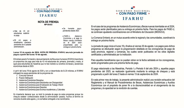 Comunicado del Ifarhu sobre la fecha del segundo pago del PASE-U 2024. La entidad ya explicó el motivo del retraso, pero no aseguró cuándo anunciará el abono. Foto: Ifarhu   