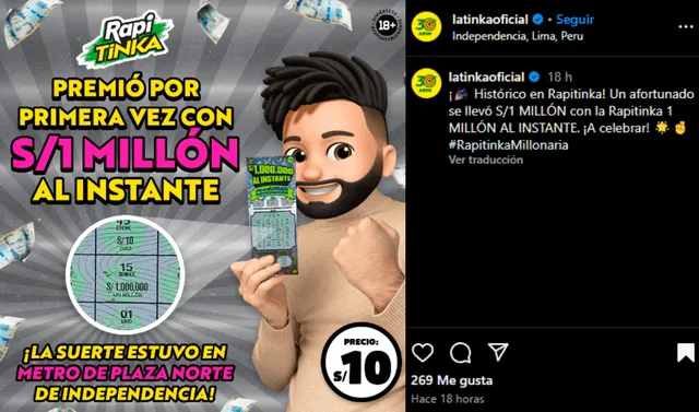  Joven peruano se llevó 1 millón de soles con el Rapitinka de La Tinka. Foto: captura Instagram/@latinkaoficial   