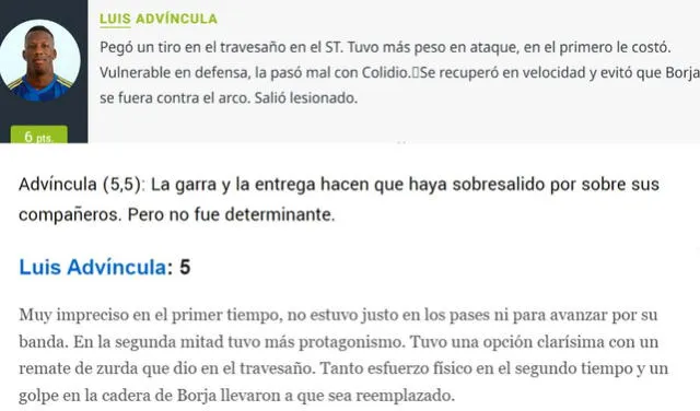  Puntajes de Luis Advíncula de Olé, ESPN Argentina y Planeta Boca Juniors. Foto: composición LR/captura de Olé/ESPN Argentina/PBJ   