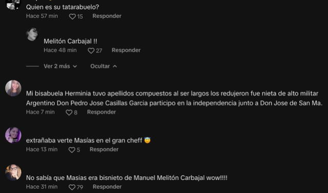 Gente sorprendida por revelación de Javier Masías sobre su parentesco con Melitón Carvajal. Foto: captura/TikTok   