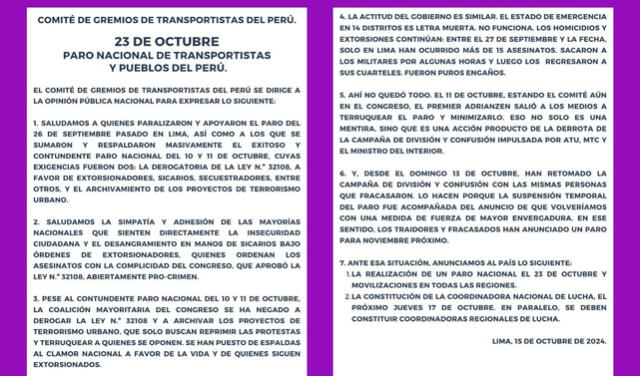  Comunicado de los gremios de transporte que convocan paro nacional el 23 de octubre.    