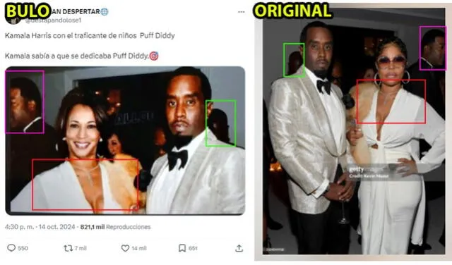  Comparación entre la imagen falsa de ‘Diddy’ y Kamala Harris y la real. Foto: captura en Getty Images.&nbsp;&nbsp;<br>   