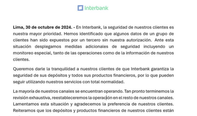  Interbank a través de una posible advertencia dio detalles sobre los datos de algunos clientes. Foto: X   