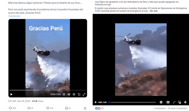 <em> Videos virales desinformativos sobre el falso helicóptero peruano. Foto: captura de X y Facebook.</em>   