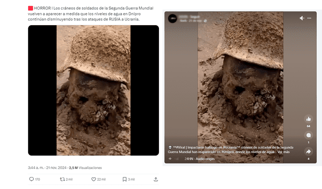 <em> Video viral de los cráneos de la Segunda Guerra Mundial hallados en la costa de Ucrania circula por X y Facebook.</em>   