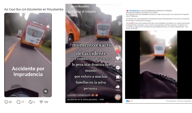  Captura de las redes Threads, Facebook y TikTok del video descontextualizado tomado como verdadero sobre el incidente en Moyobamba.   