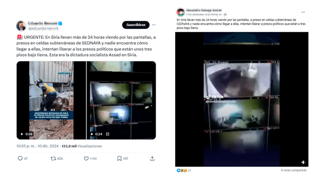 <em> Publicaciones tendenciosas en las redes sociales sobre las falsas cárceles ocultas de Sednaya. Foto: captura de X y Facebook.</em>   