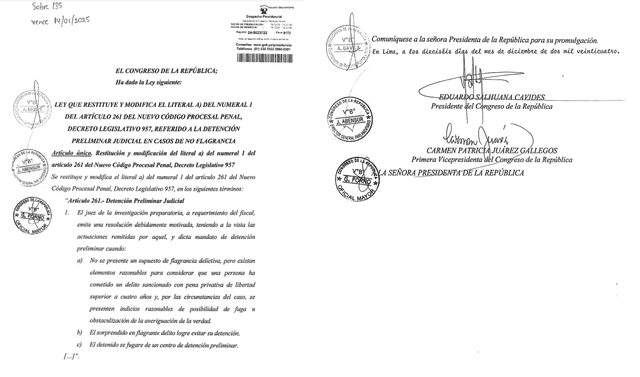 Autógrafa de ley que restituye la detención preliminar en caso de no flagrancia enviada al Gobierno para su promulgación.<br>   