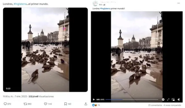 <em>Publicaciones del video atribuido a Londres. Foto: captura de X / Facebook</em>   