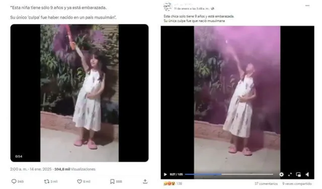 <em>Mensajes desinformativos sobre la niña que aparece en el video. Foto: captura de X / Facebook</em>   