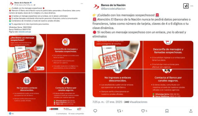 <em>Posteos preventivos del Banco de la Nación para la seguridad de sus usuarios. Foto: captura de Facebook / X</em> <em>Posteos preventivos del Banco de la Nación para la seguridad de sus usuarios. Foto: captura de Facebook / X</em>