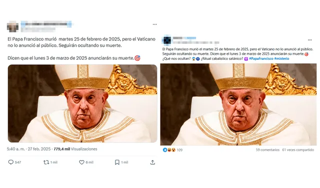<em> Publicaciones desinformativas sobre la muerte del Papa en X y Facebook. Foto: capturas de pantalla.</em>   