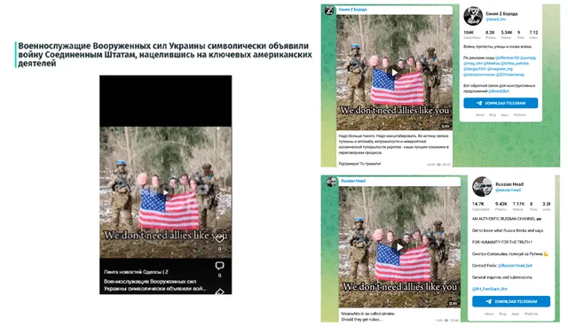 <em> Publicaciones desinformativas del video viral en medios de rusos y canales de Telegram afines a Putin. Foto: capturas de pantalla.</em>   