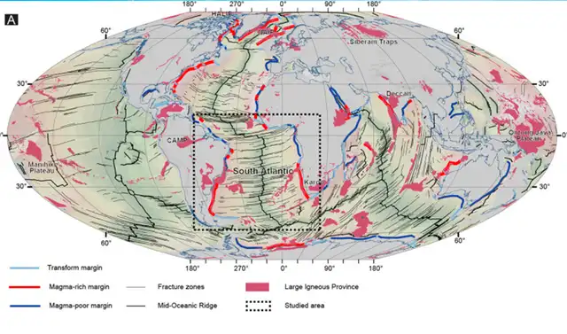 Inventario mundial de márgenes riftados y grandes provincias ígneas. 
