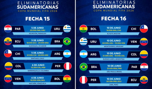 Programación oficial de las fechas 15 y 16 por las Eliminatorias 2026. Foto: Conmebol Programación oficial de las fechas 15 y 16 por las Eliminatorias 2026. Foto: Conmebol