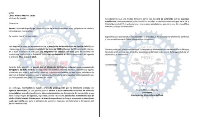 Asociación de Motociclistas del Perú rechaza medida de chalecos con placa y solicita prórroga.   