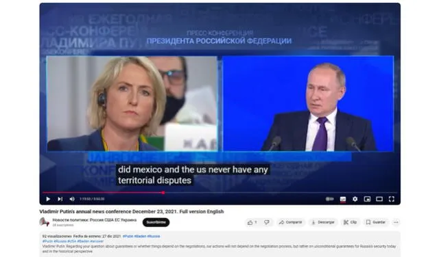 <em>Video de la conferencia de Vladimir Putin en inglés y los subtítulos correspondientes. Foto: captura de YouTube</em>   