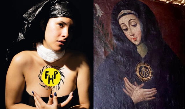 Izquierda: fotografía de la exposición de Mateo Aguinaga | Derecha: retrato de Santa Mariana de Jesús que fue utilizado como referencia artística. Izquierda: fotografía de la exposición de Mateo Aguinaga | Derecha: retrato de Santa Mariana de Jesús que fue utilizado como referencia artística.