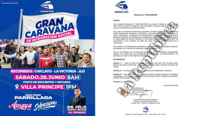 Izquierda: Flyer publicitado por Felix Chero donde invita a un evento de campaña | Derecha: documento donde se solicita las sanciones correspondientes contra el exministro en Avanza País | Foto: La República. Izquierda: Flyer publicitado por Felix Chero donde invita a un evento de campaña | Derecha: documento donde se solicita las sanciones correspondientes contra el exministro en Avanza País | Foto: La República.