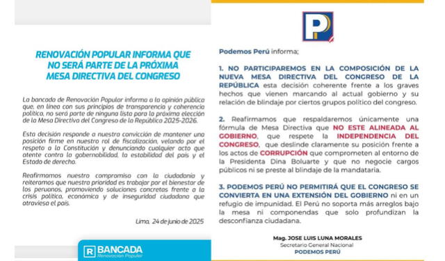 Comunicados de Renovación Popular y Podemos Perú sobre la próxima Mesa Directiva. Comunicados de Renovación Popular y Podemos Perú sobre la próxima Mesa Directiva.
