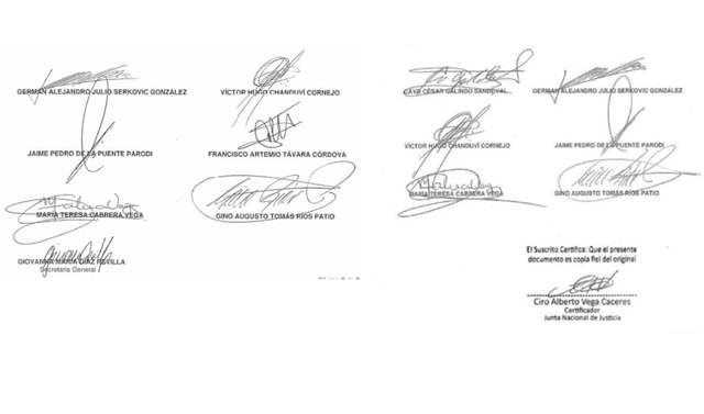 Diferencia evidente. Las firmas del lado izquierdo corresponden a un documento de la JNJ válido al contener la firma de Giovanna Días. Sin embargo, el de lado derecho, correspondiente a la resolución que reponía a Benavides, evidencia la ausencia de la firma de la secretaria general.   
