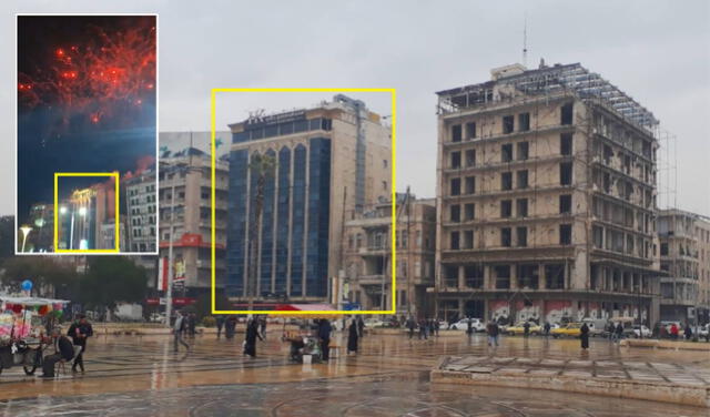 <em>En amarillo, el Hotel Palace. A la izquierda y en tamaño reducido, una escena del video viral. Foto: captura de Google Maps / X</em>   