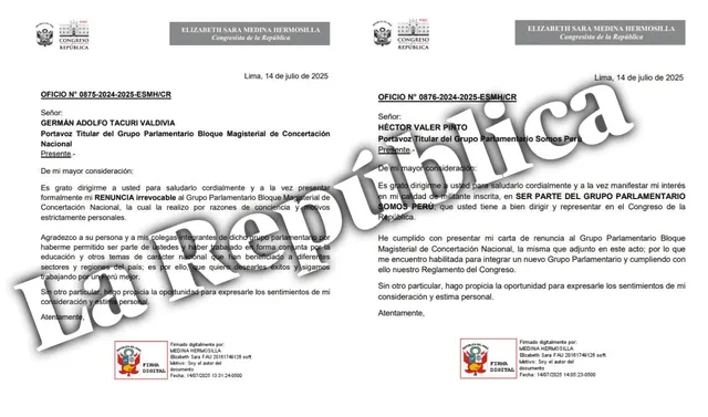Izquierda: carta de renuncia de Elizabeth Medina al Bloque Magisterial | Derecha: carta de ingreso de Elizabeth Medina a Somos Perú | Fotos: La República. Izquierda: carta de renuncia de Elizabeth Medina al Bloque Magisterial | Derecha: carta de ingreso de Elizabeth Medina a Somos Perú | Fotos: La República.