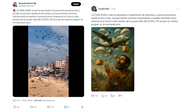 <em> Publicaciones desinformativas por las redes sociales de X y Threads. Foto: capturas de pantalla</em>   