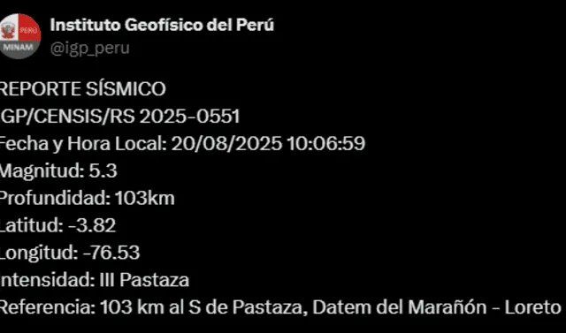 Sismo de magnitud 5,3 sacude Loreto. Foto: IGP   