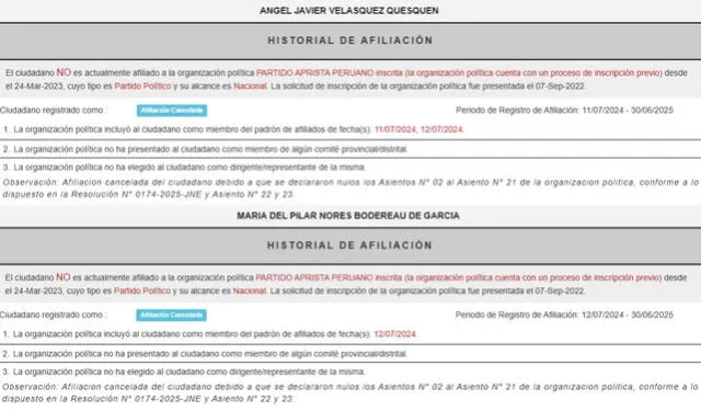  Arriba: Registro de militancia de Velasquez Quesquén | Abajo: Registro de militancia de Pilar Nores. Ambos dejaron de ser militantes del partido aprista.    