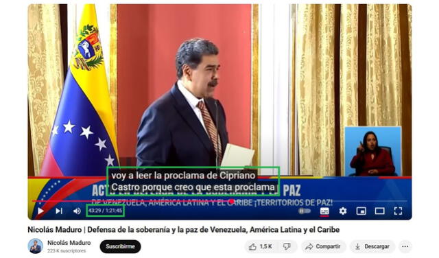 <em>Segundos antes del extracto viral, Maduro hizo una presentación previa de la proclama (en verde). Foto: captura de YouTube</em>   