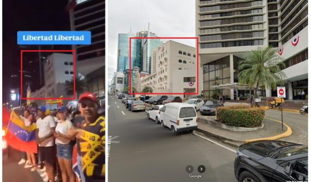 <em>En rojo, las partes coincidentes entre el video viral (izquierda) y su ubicación en el plano (derecha). Foto: captura de X / Google Maps</em>   