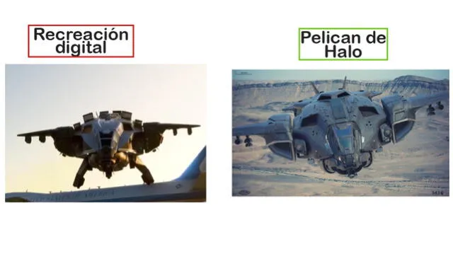 <em> A la derecha, recreación del bulo; a la izquierda, el 'Pelican' en vuelo. Foto: composición LR/difusión/captura de pantalla</em>   