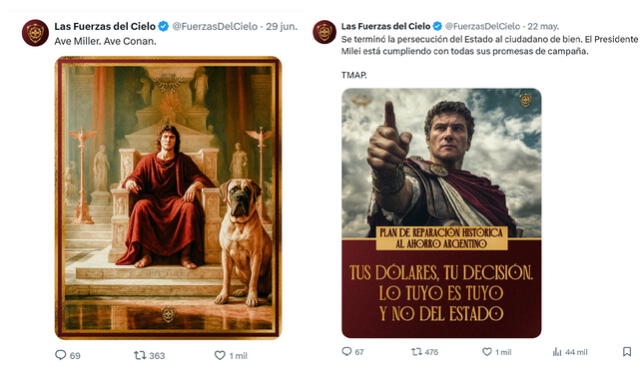 <em> Izquierda: caricatura de Javier Milei y su perro Conan; derecha: anunció proselitista con tinte anárquico. Foto: composición LR/capturas de pantalla</em>   