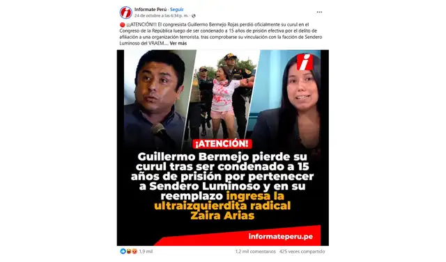 <em> Publicación desinformativa por la red social de Facebook. Foto: captura de pantalla</em>   