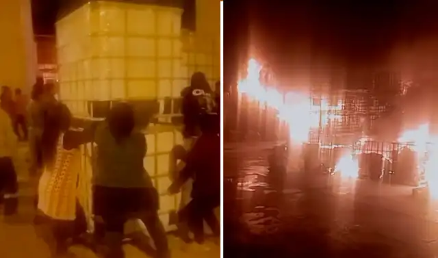 Personas intentan sacar lo que sería su mercadería de la zona afectada. Foto: Composición LR/Roger García Personas intentan sacar lo que sería su mercadería de la zona afectada. Foto: Composición LR/Roger García