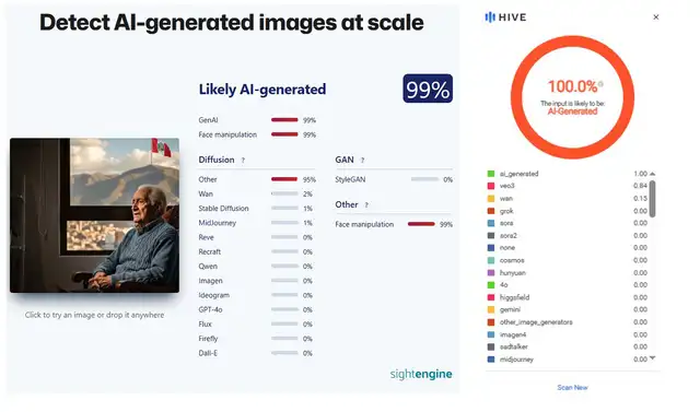 <em> Resultados de la evaluación por fotogramas de Sight Engine y Hive Moderation. Foto: capturas de pantalla</em>   