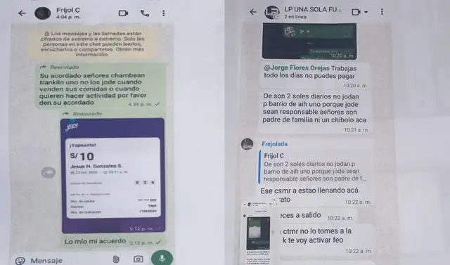 Chats donde se exigía el pago diario a transportistas. Foto: LR. Chats donde se exigía el pago diario a transportistas. Foto: LR.
