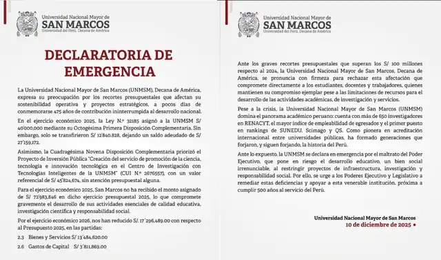 Declaratoria de emergencia de la UNMSM: Foto: UNMSM. Declaratoria de emergencia de la UNMSM: Foto: UNMSM.