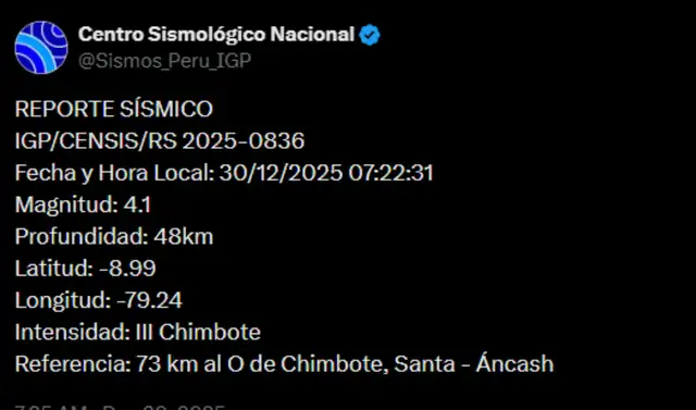  Temblor en el departamento de Áncash. Foto: IGP    