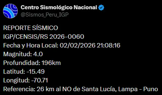 Sismo sentido en Puno, según IGP. Foto: X   