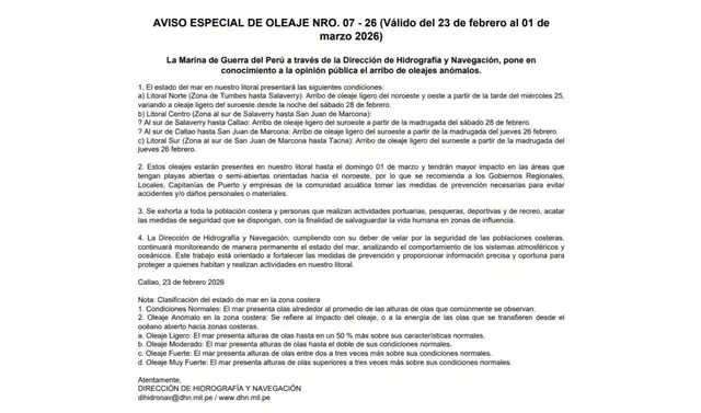  Comunicado de la Marina de Guerra del Perú sobre los oleajes anómalos que azotarán el litoral peruano. Foto: Dirección de Hidrografía y Navegación    