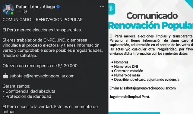 La recompensa anunciada por López Aliaga tras alegar fraude en el proceso electoral. Foto: Composición LR. La recompensa anunciada por López Aliaga tras alegar fraude en el proceso electoral. Foto: Composición LR.