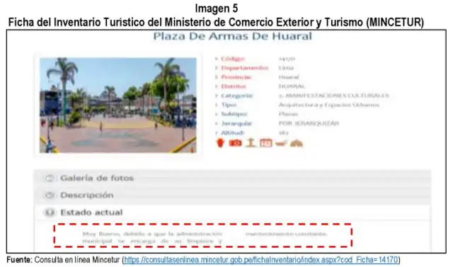Ficha del inventario turístico del Mincetur califica como “muy bueno” el estado de la Plaza de Armas de Huaral. Ficha del inventario turístico del Mincetur califica como “muy bueno” el estado de la Plaza de Armas de Huaral.