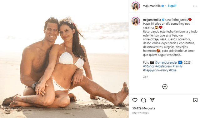 Maju Mantilla celebró 10 años de casada con Gustavo Salcedo. Foto: Maju Mantilla/Instagram.