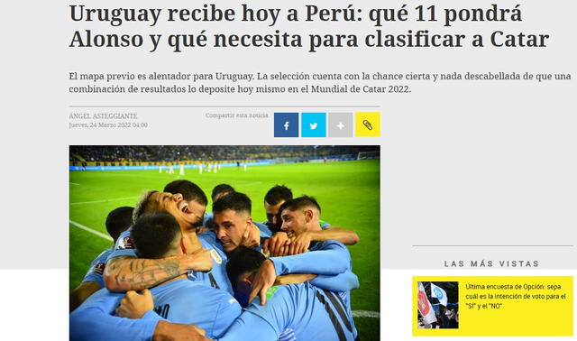 Así informó prensa uruguaya del partido contra Perú. Foto: captura El País (Uruguay).