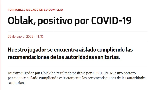 El aviso del Atlético Madrid sobre el contagio de Jan Oblak. Foto: captura web Atlético Madrid