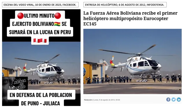 Comparación entre la escena del video viral y la de la recepción de un helicóptero adquirido por el gobierno de Bolivia en 2011. Foto: composición LR/Facebook/AIB.